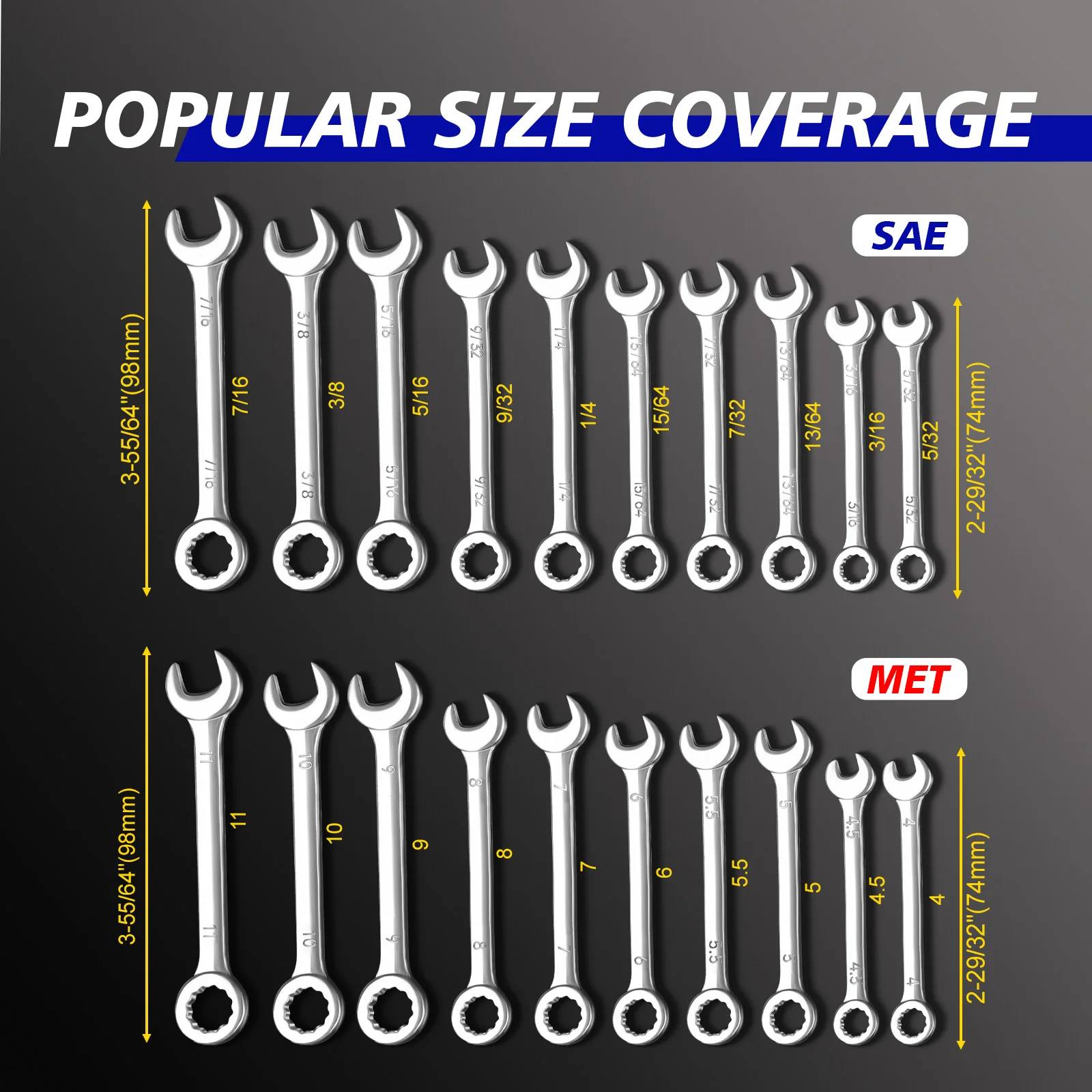 20pcs Imperial And Metric Premium Chrome Vanadium Steel Open & Box End Combination Mini Wrench Set Durable Mechanical Operation