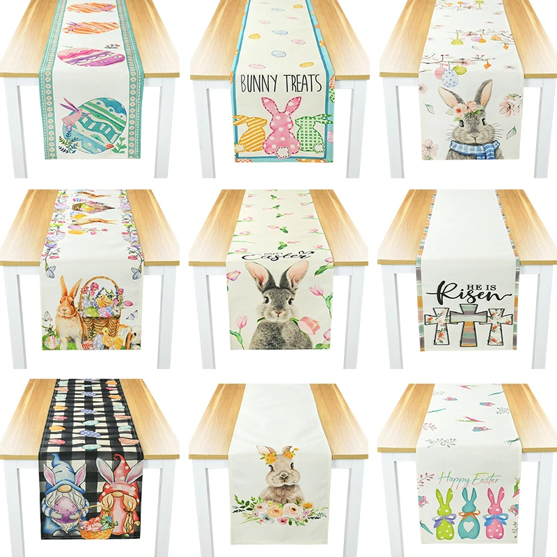 Easter Rabbit Table Runner Cartoon Rabbit Carrot Egg Dining Table Cloth Spring Easter Party Decor for Home Kitchen Table Decor