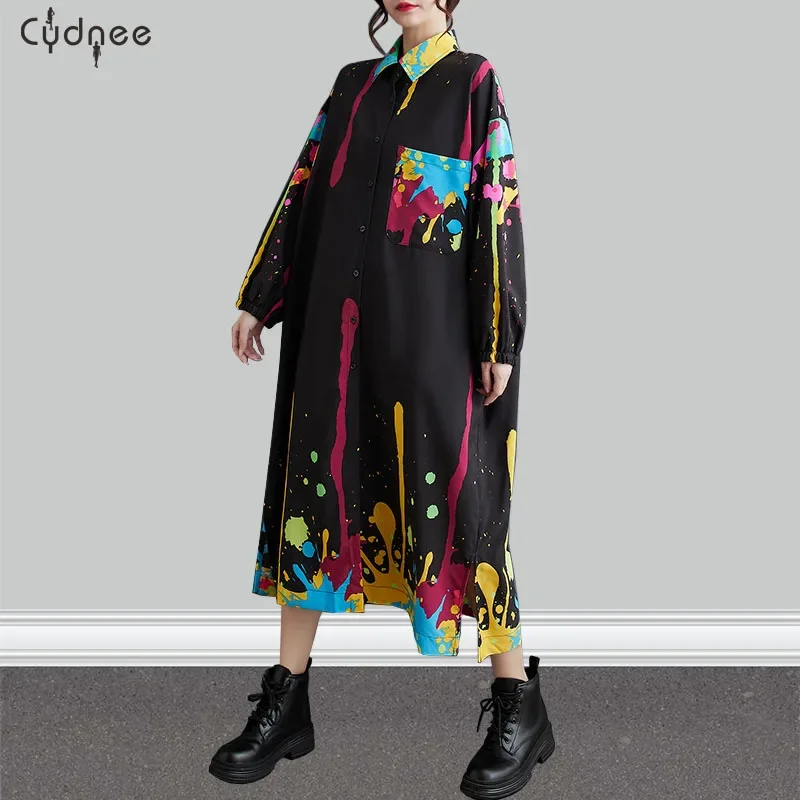 Splash Ink Print Long Sleeves Shirt Dress Loose Casual Paint Drips Midi Dress Shirt Blouse Dress