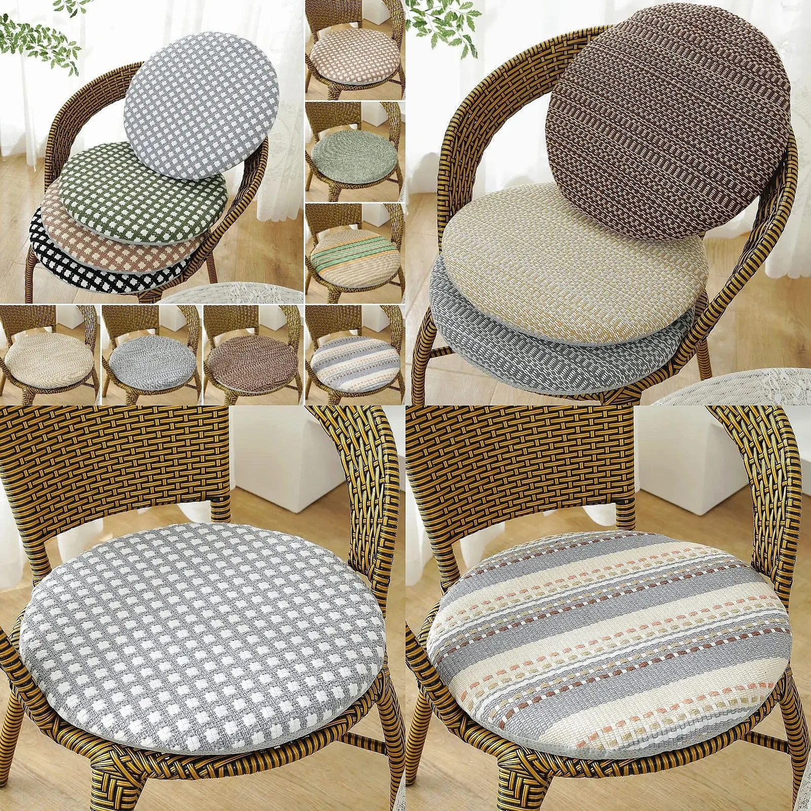 35cm Thickened Cotton Linen Round Chair Cushion Detachable Washable Anti-Slip Wicker Chair Pad Stool Mat Home Decor