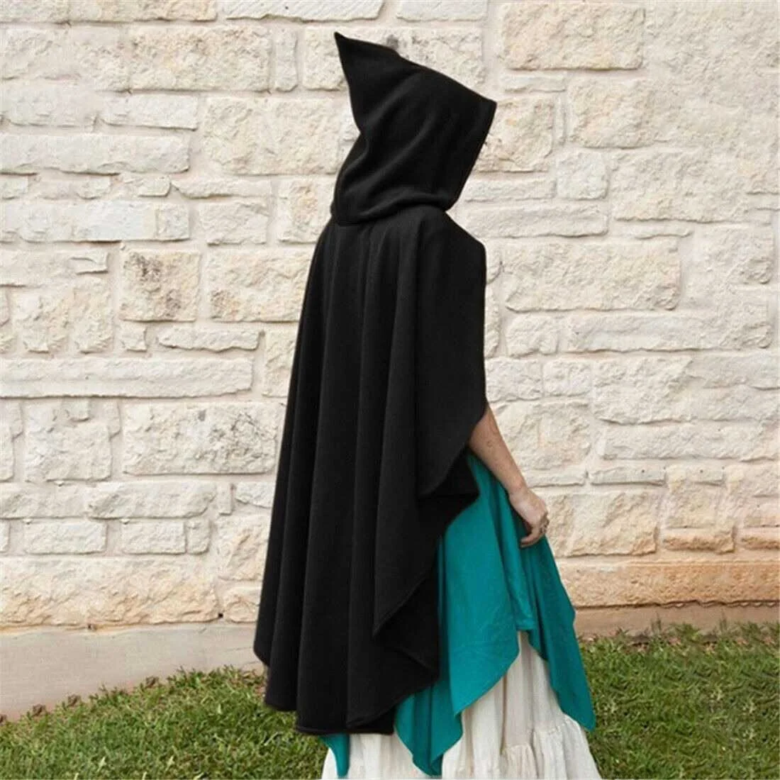Medieval Lady's Hooded Belted Cloak loween Witch  Woolen Pointed Hat Poncho Role Costume Robe Women's Faion
