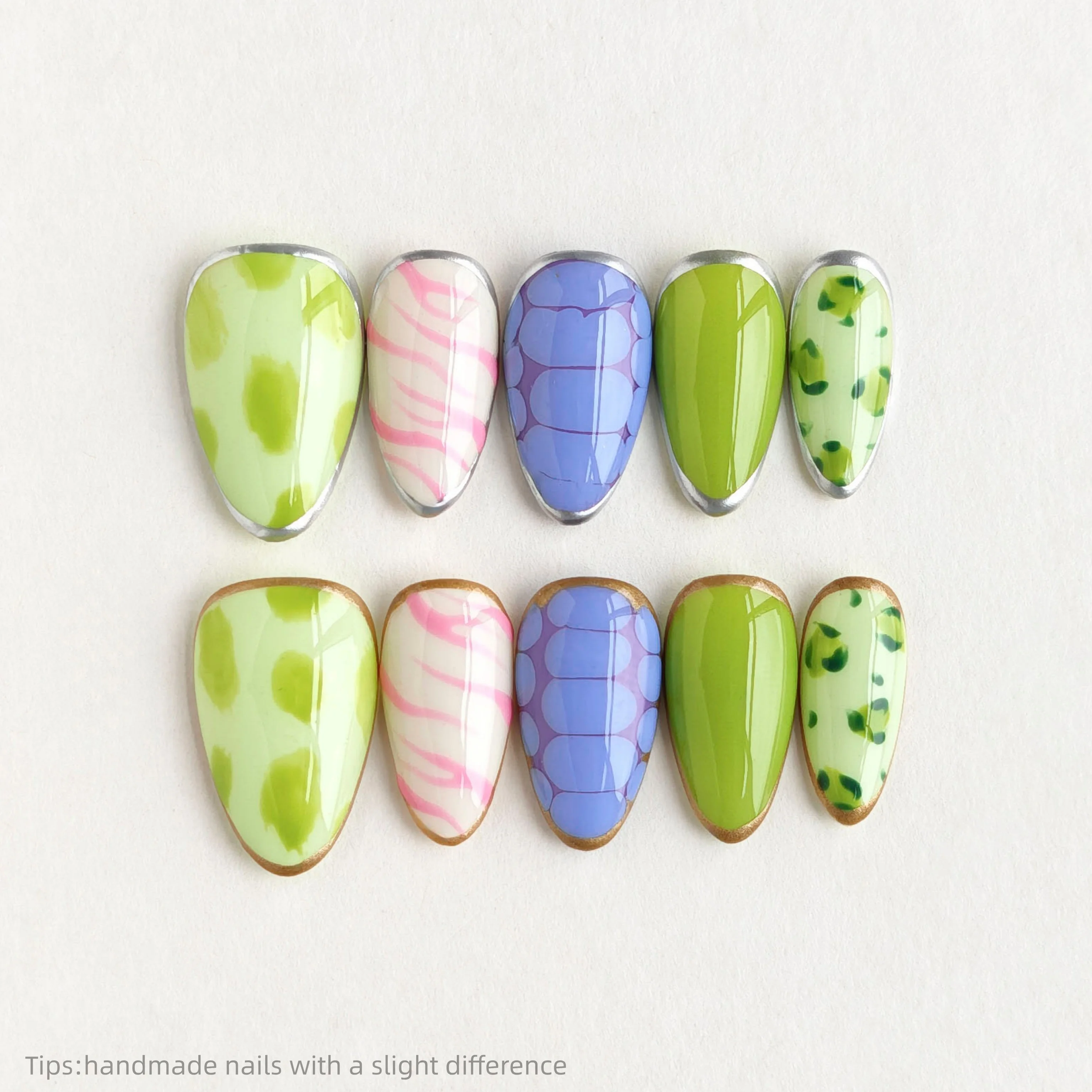 

10pcs Handmade Spring Press On Nails Almond Short Green Purple Leopard Snake Print Fake Nails Metal Frame Decor False Nails