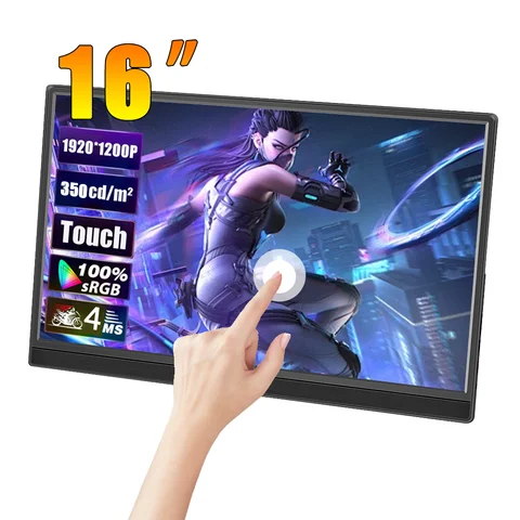 16 인치 휴대용 모니터 HD 1920X1200 HDMI USB Type-C 모니터 노트북 용 컴퓨터 데스크탑 PC 용 두 번째 외부 모니터