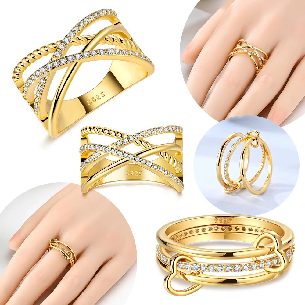 925 Sterling Silver  Gold Plated Interlocked Women Rings Fit Pattern Rings For Women Girls Jewelry Birthday Anniversary