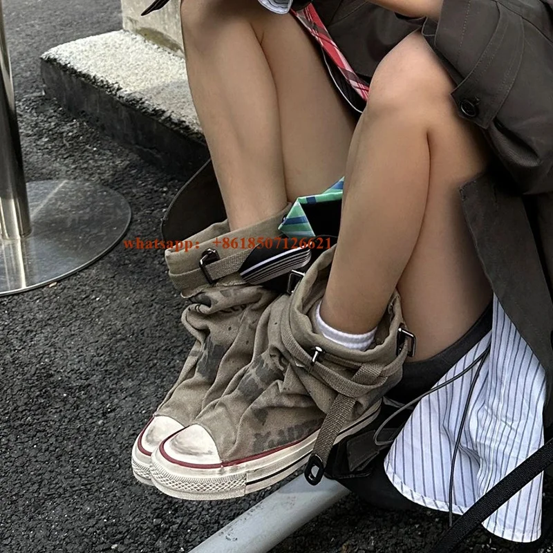 

Niche Design Graffiti Belt Buckle High-Top Sneakers Women's Sneakers 2023 Autumn New Versatile Trousers Pile Short Boots