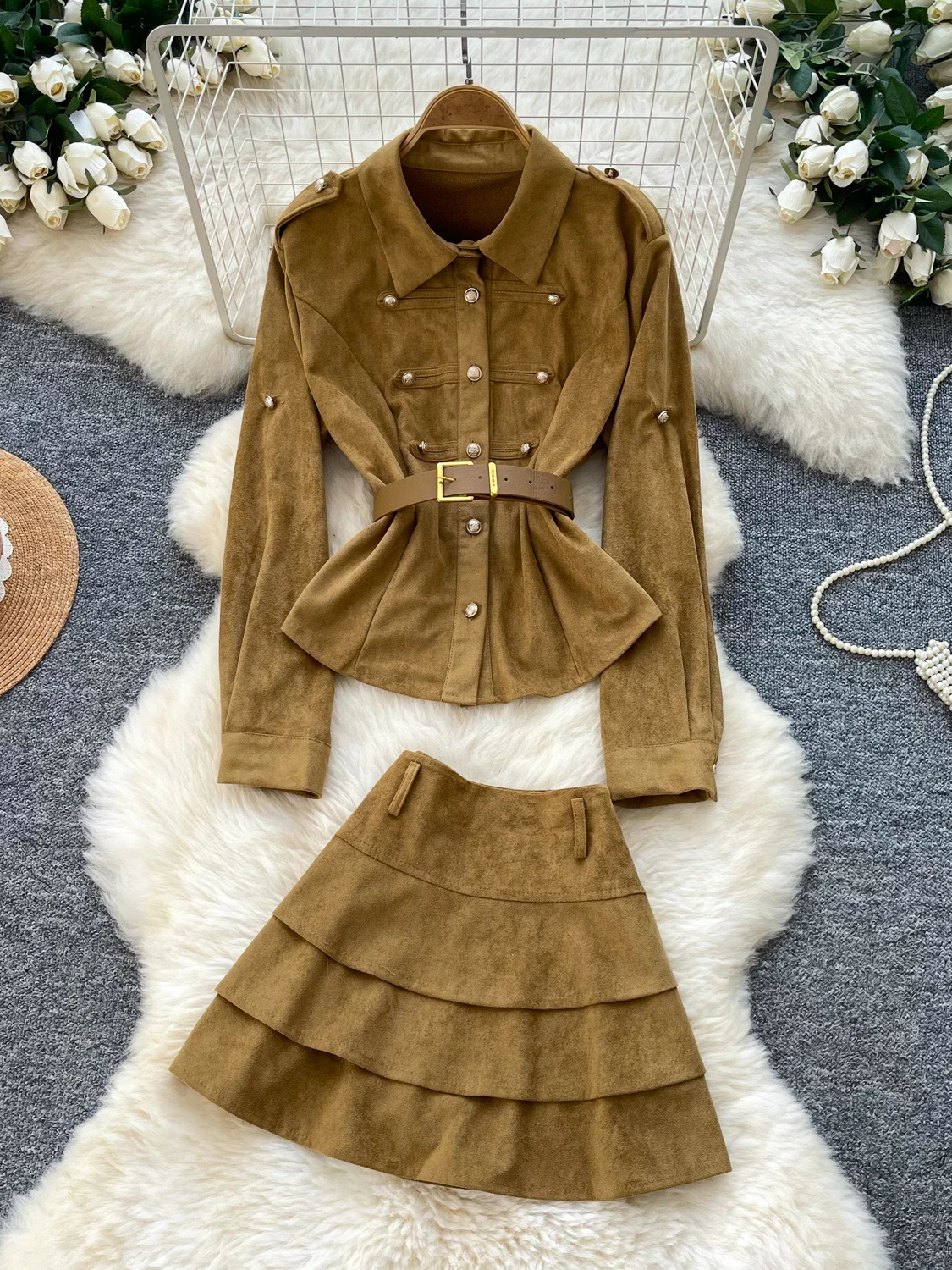 Retro Suede Shirt Set Women's Slimming Cake Skirt with Belt High Waist Two Piece Set Autumn New Style Fashionable Commute Wind