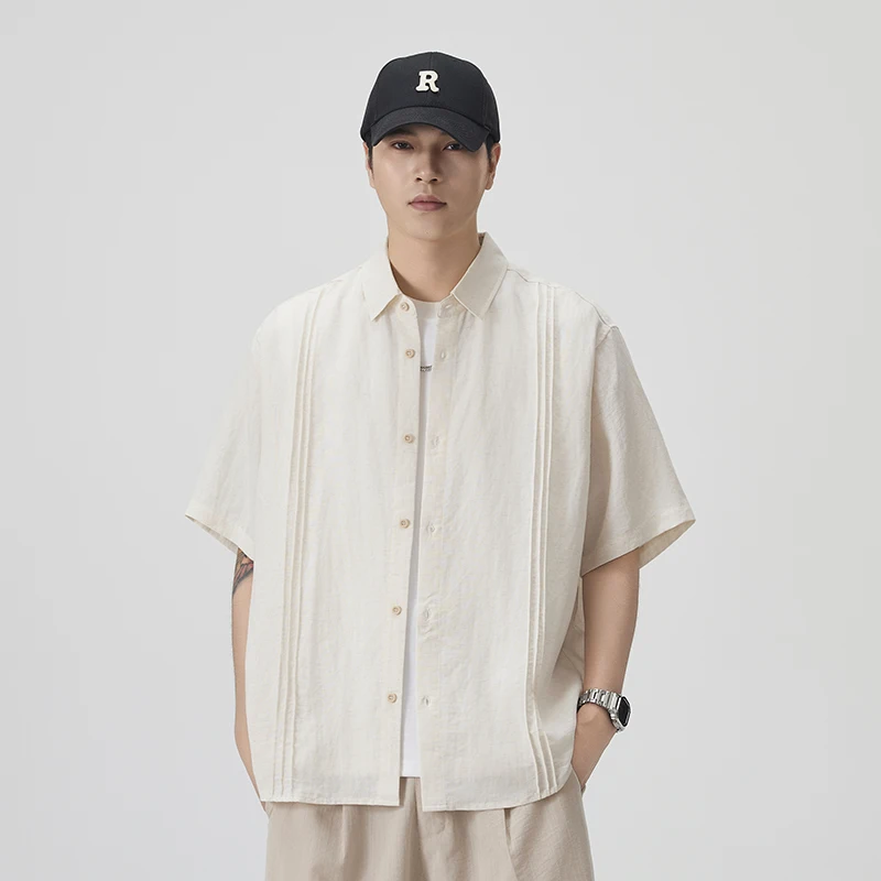 Summer Lightweight Thin Pleated Commuter Shirt Men Vintage Fashion Loose Casual Short Sleeve Shirts Tops