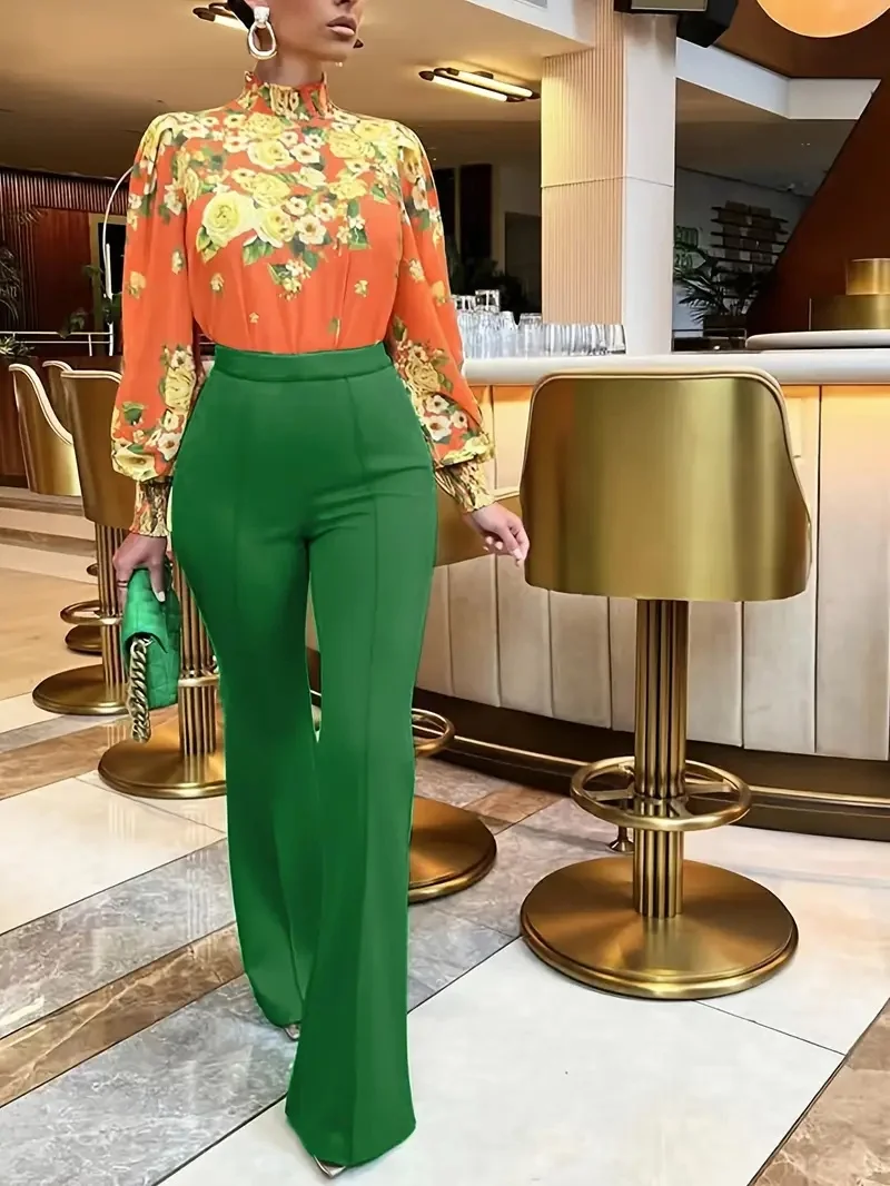Damen Slim Bell-Bottoms Hose Trendy Frühling Herbst Hose Bürodame Einfarbige Schlaghose – Detail 3
