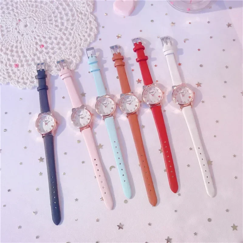 2023 Ins Fashion Women's Watch Cute Heart Female Student Quartz Watches Leather Strap Star Moon Bracelet+Watch Set Gift Relojes