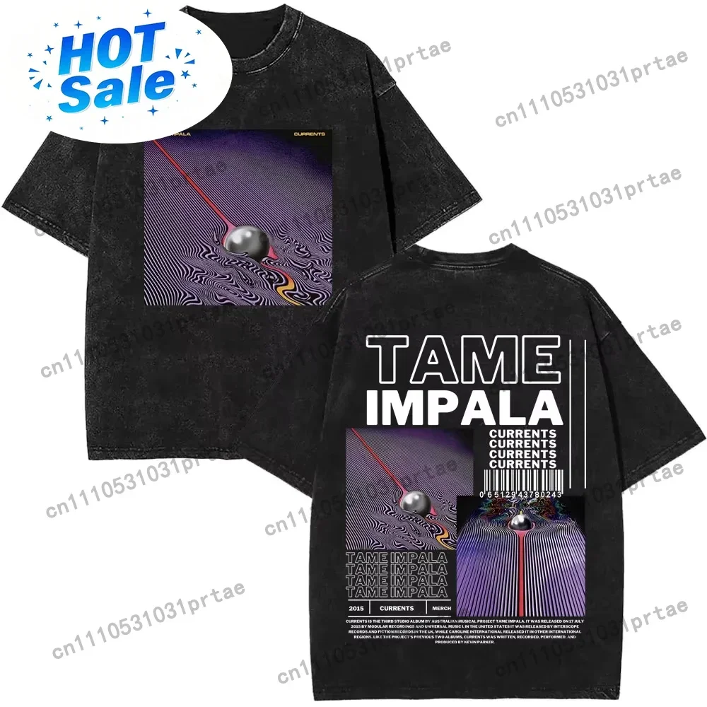 2026 Washed Vintage Tame Impala Graphic Print T-shirts Men's Clothing Pop Rock Band T-shirt Men Women Fashion Retro Black