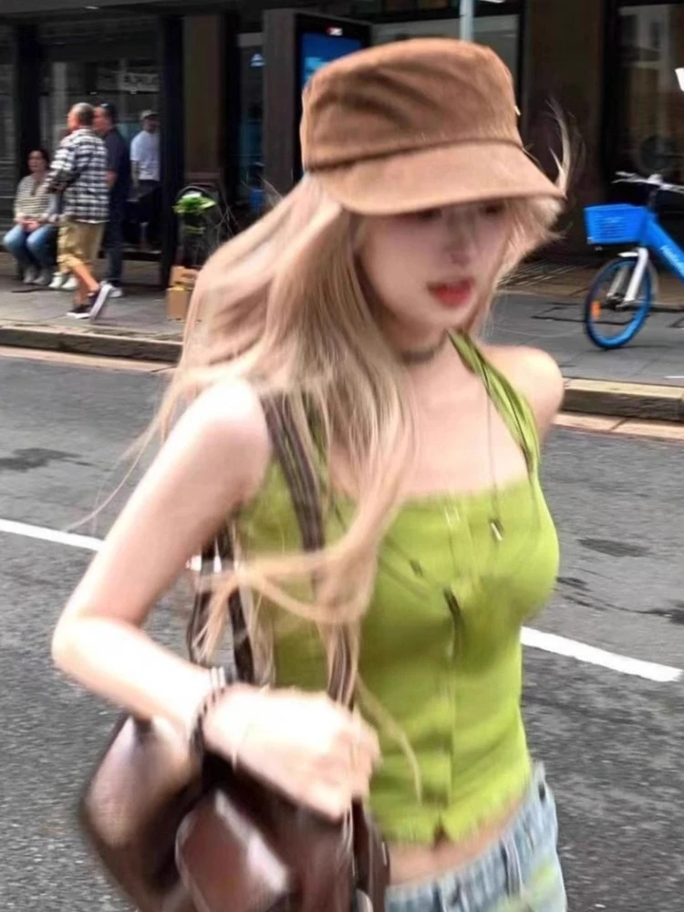 Lace Patchwork Halter Womeny2k Aesthetic Top Streetwear Single Breasted Vintage Vest Harajuku Bodycon Backless Camisole