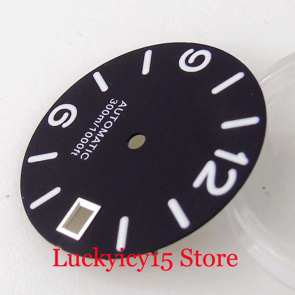 28.5mm Black/Blue Sterile Watch Men Dial With White Marks Green Luminous Fit NH35A NH36A SKX 007 SRP Automatic Movement