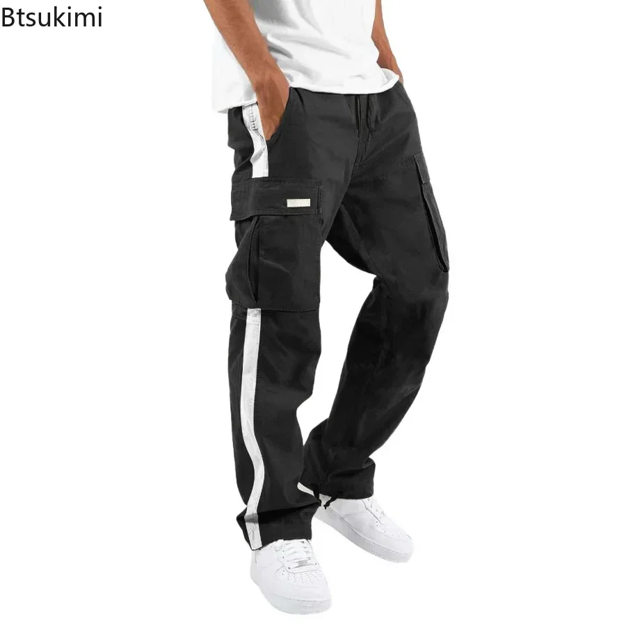 New 2025 Men's Casual Cargo Pants Trousers Stripe Regular Fit  Fashion Pants Male Jogging Cargo Pants Panel Pocket Trousers Man