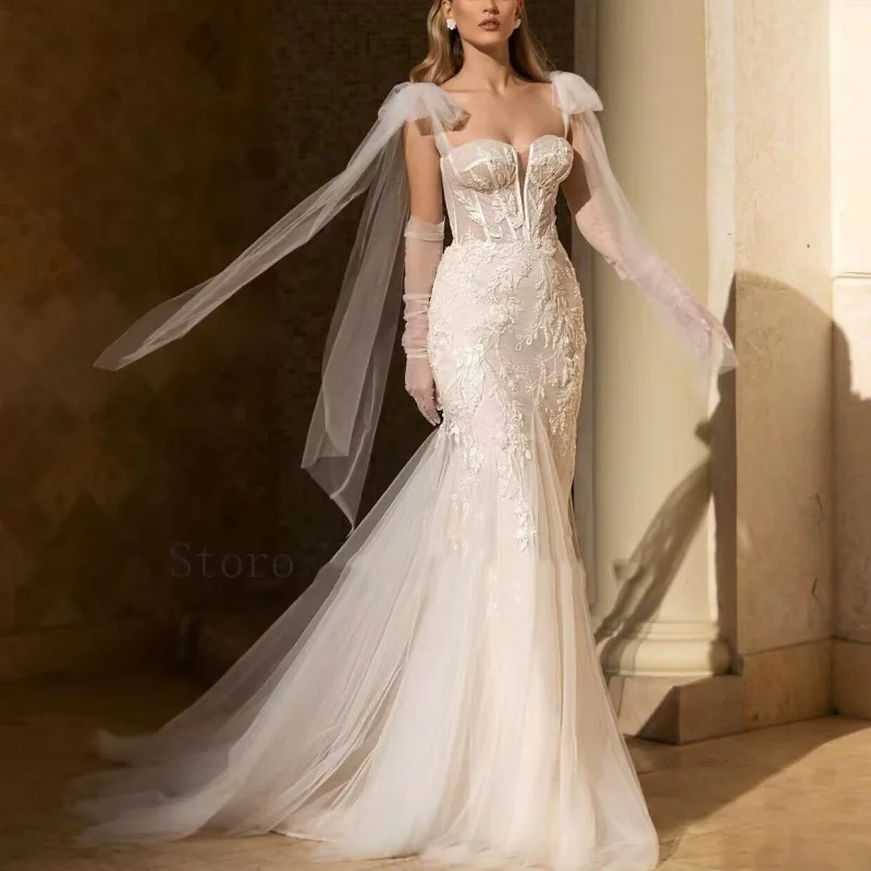 Robes de mariée sirène de luxe personnalisées, avec traîne détachable, 2 en 1, avec des appliques en dentelle, sur mesure