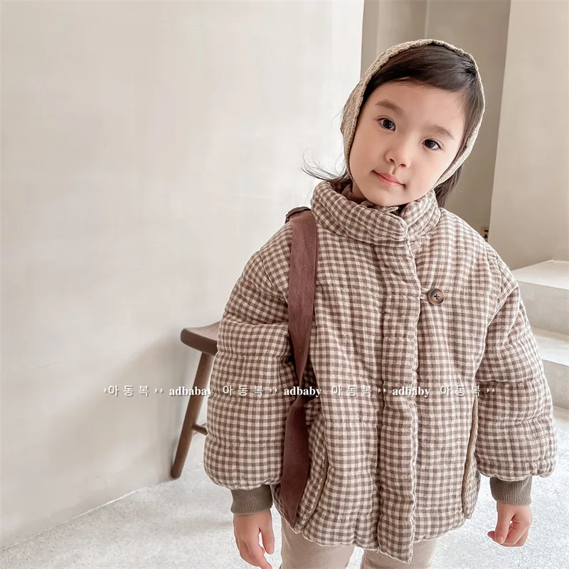 2024 Winter New Children Plaid Cotton Padded Jacket Long Sleeve Girls Warm Coat Plus Velvet Thick Kids Casual Jacket Boy Clothes