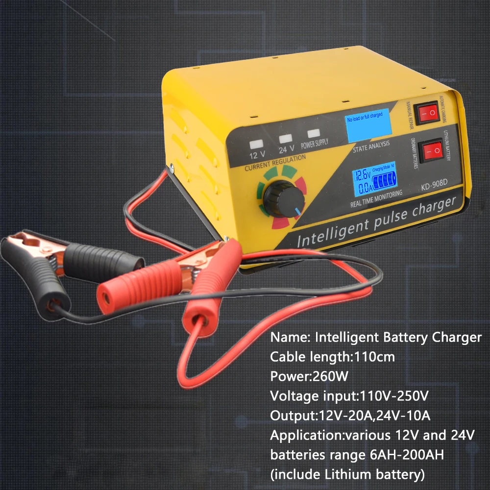 Car Battery Charger 260W Fully Automatic Pulse Repair 12V/20A 24V/10A For Lithium Lead Acid Batteries Current Regulate