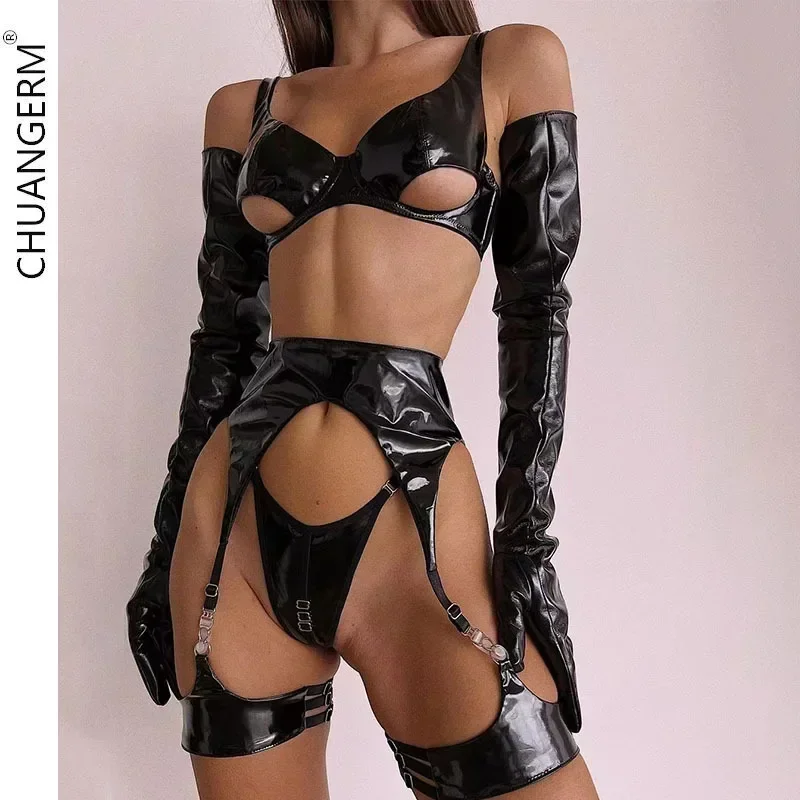 CHUANGERM Set Lingerie Fetish Pvc pakaian dalam kulit lateks PU tanpa sensor Bra berlubang seksi dan celana dalam kostum Erotis