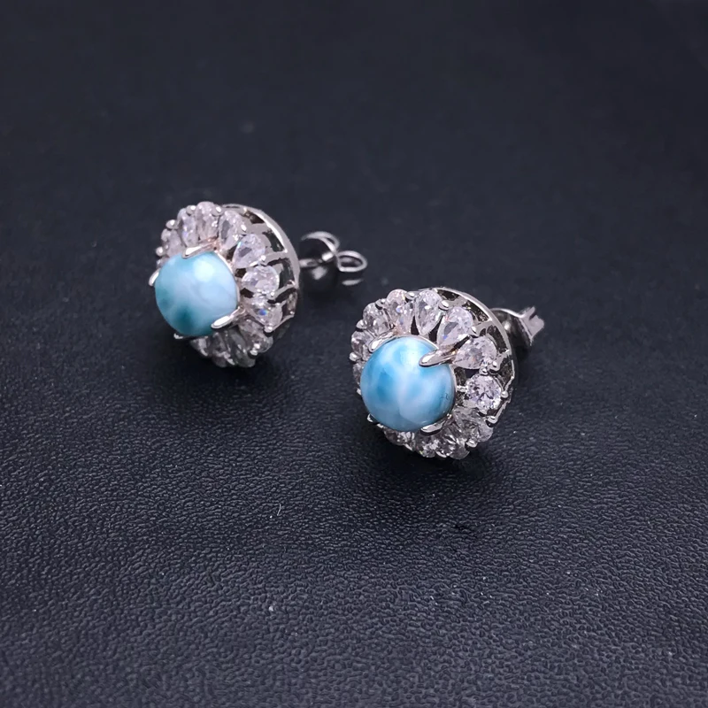 CSJ Elegant Natural Larimar Stud Earring Sterling 925 Silver Gemstone 6mm for Women Birthday Party Jewelry Gift