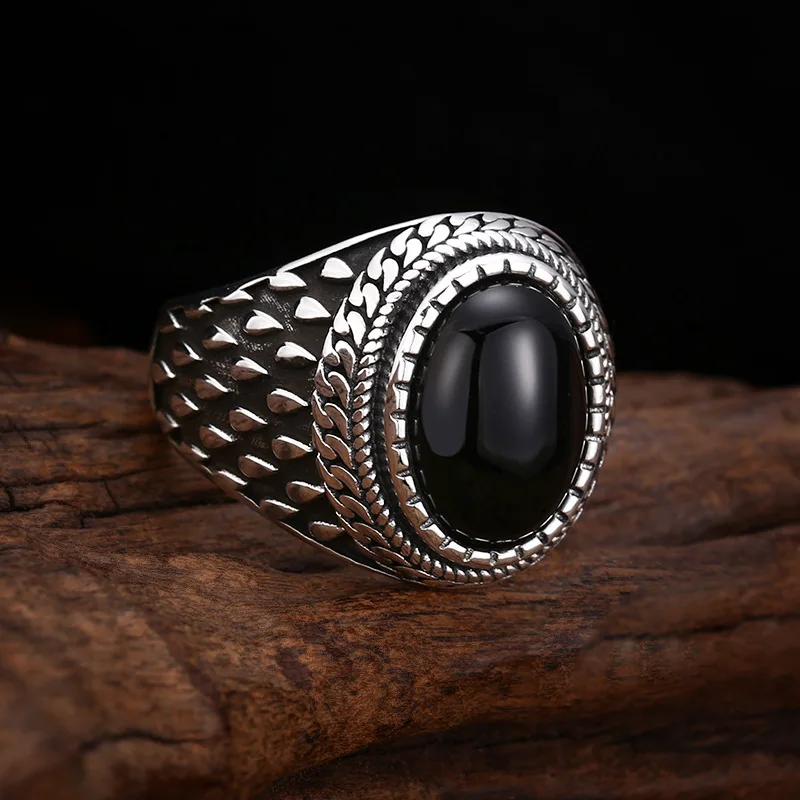 925 Sterling ,-Shaped Agate Ring, Open-End Thai Silver Vintage Jewelry