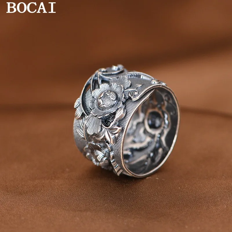 

BOCAI S990 Изысканное серебро, восстановление древних способов, технология открытия пиона, женское анаглифское серебряное кольцо с цветущими цветами