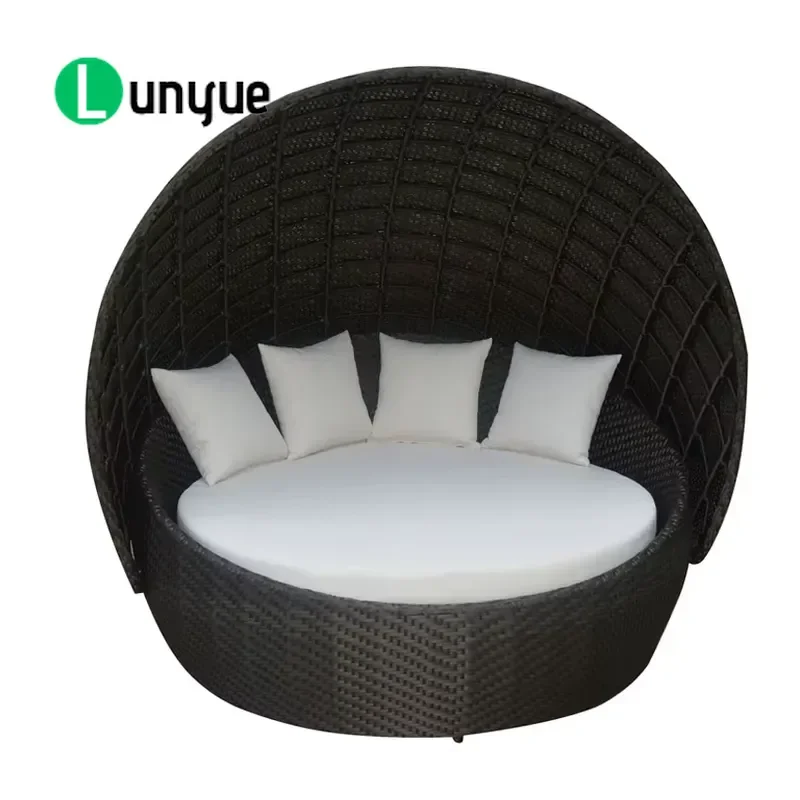 Outdoor Wicker Round Sunbed with Canopy All Weather Rattan Pool Sofa Bed for Hotel Patio Garden Furniture