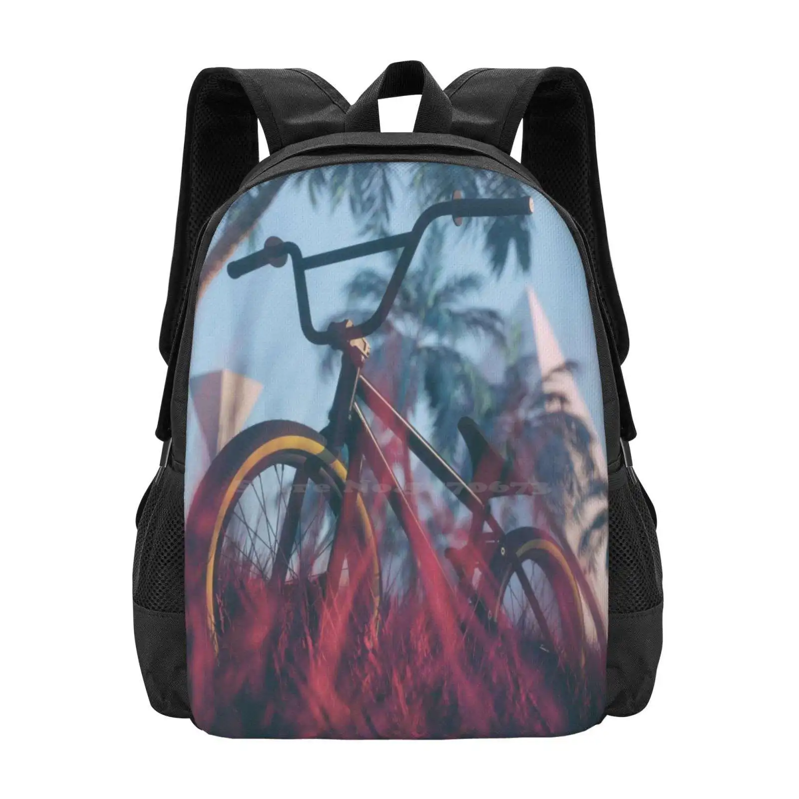 Forever 3D Print Design zaino borsa per studenti Forever 3D Abstract Render Bmx bicicletta Grass Land Red Palmtrees piramidi Valley