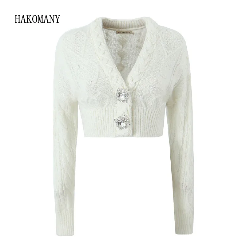 

Sweet Woman Long Sleeve Sweater Knitwear Jumper White Autumn Diamond Single-breasted Buttons V neck Knitted Short Cardigan