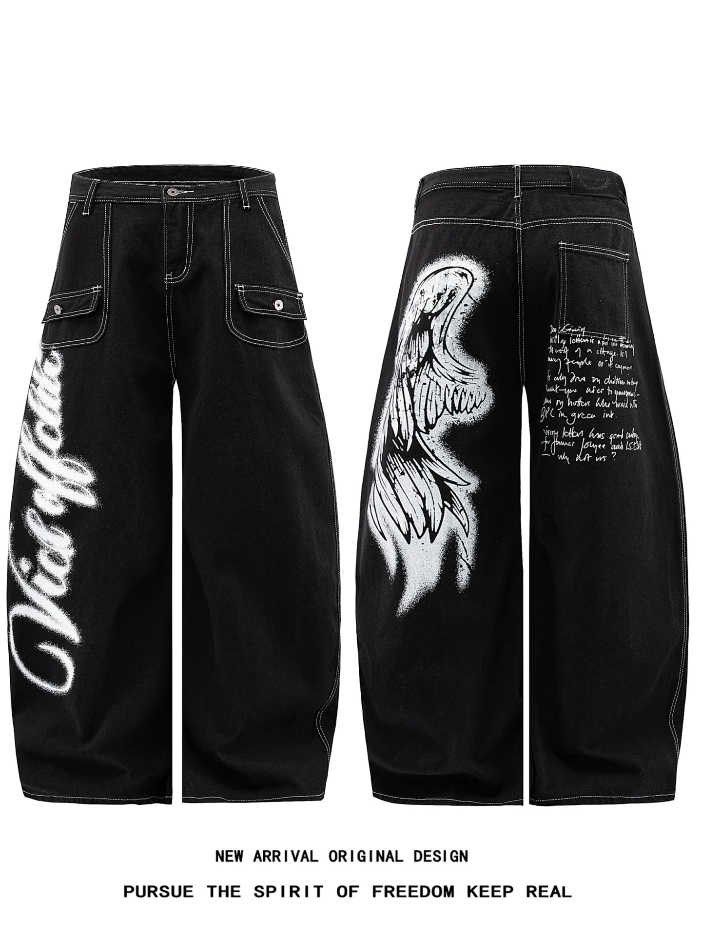 Y2K Subculture Graffiti Print Wide Leg Men's Jeans Hip Hop Vintage Streetwear Loose Fit Straight Leg Denim Trousers