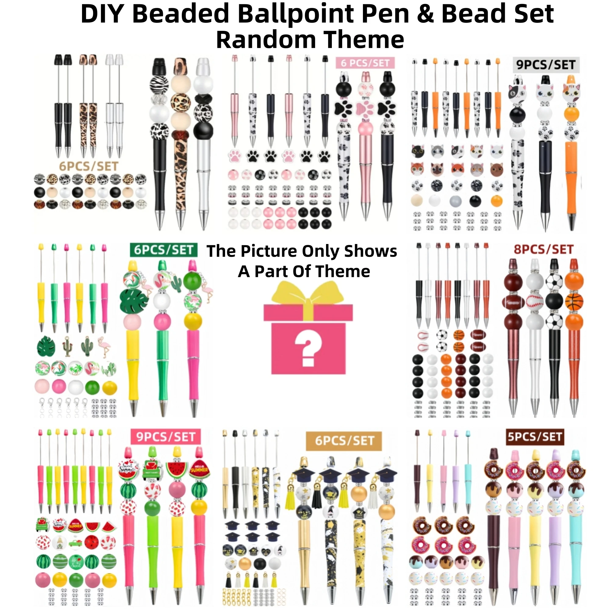 1 Random Theme Beaded Ballpoint Pen & Bead DIY Set,With Bead Pens And Many Beads, DIY Bead，Office And Study Supplies