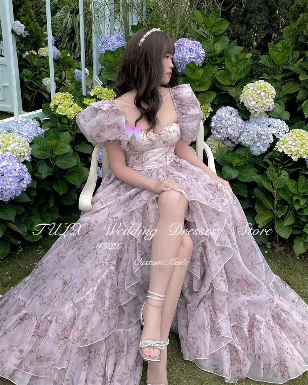 TULX – robe de soirée à imprimé floral violet, manches bouffantes, ligne A, longue à volants, robes d'occasion formelles personnalisées