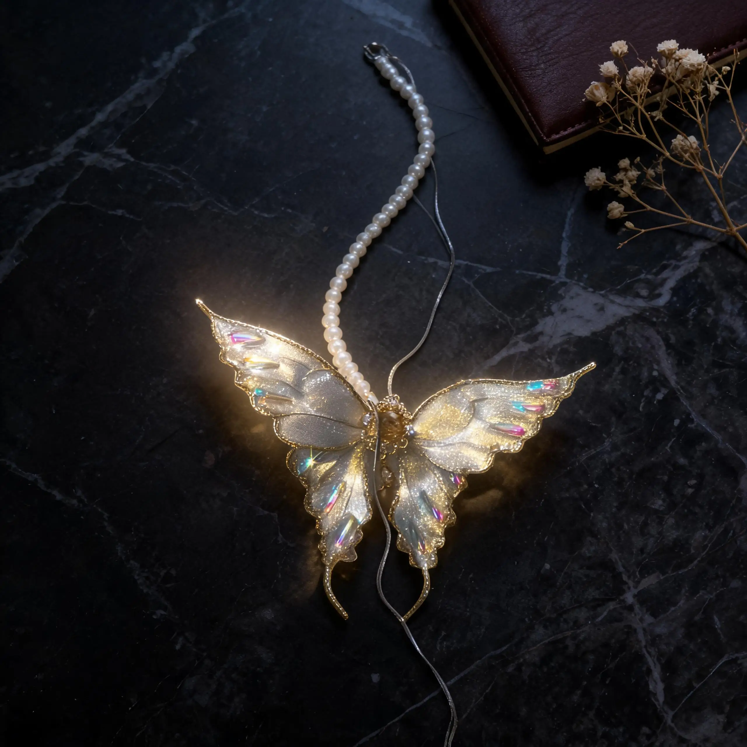 Faux Pearl Necklace Unique Butterfly Pendant Necklace Shimmer Gauze Necklace Shimmer For Holiday Gatherings Commuting Daily