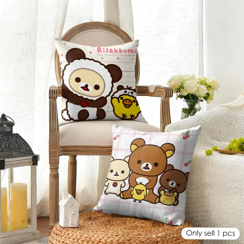 Cartoon Cute R-Rilakkumas Cushion Cover Organic Linen Square Pillow Case Durable Non-Allergenic And Kind To Skin