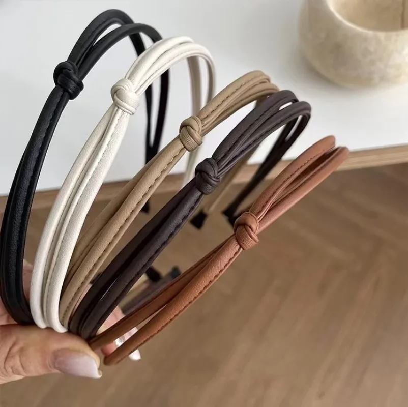 Vintage Knotted PU Leather Solid Color Headband Simple Temperament Elegant Hair Band Hair Hoop Hair Accessories for women