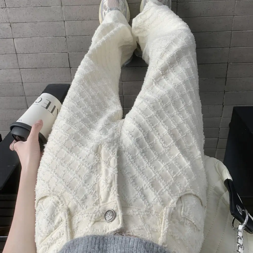 Womens Fashion White Denim Jeans High Waist Wide Leg Trousers Textured Diamond Jacquard Aesthetic Casual Slimming Pants