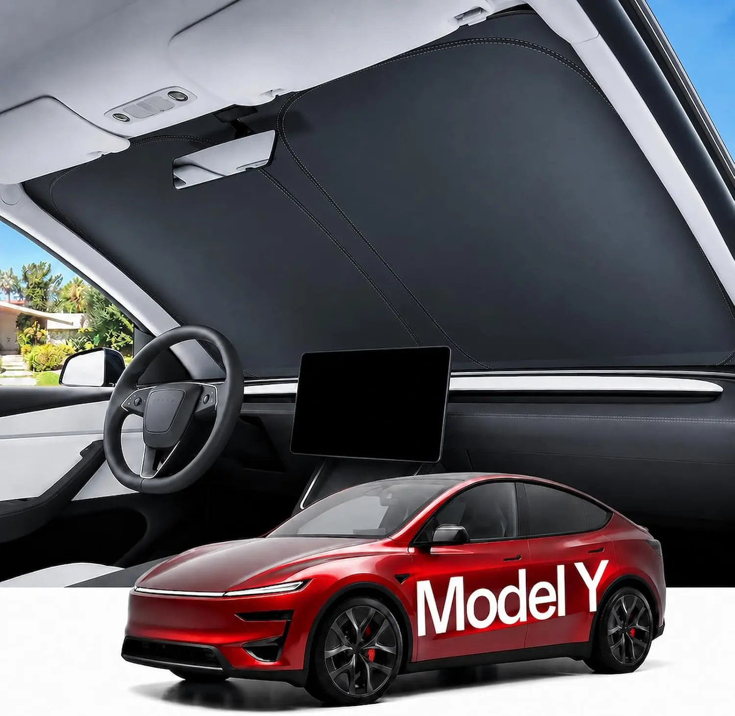 

Tailored Windshield Sunshade for Tesla Model Y 2016-2026, 99% UV Block, Foldable with Storage Bag