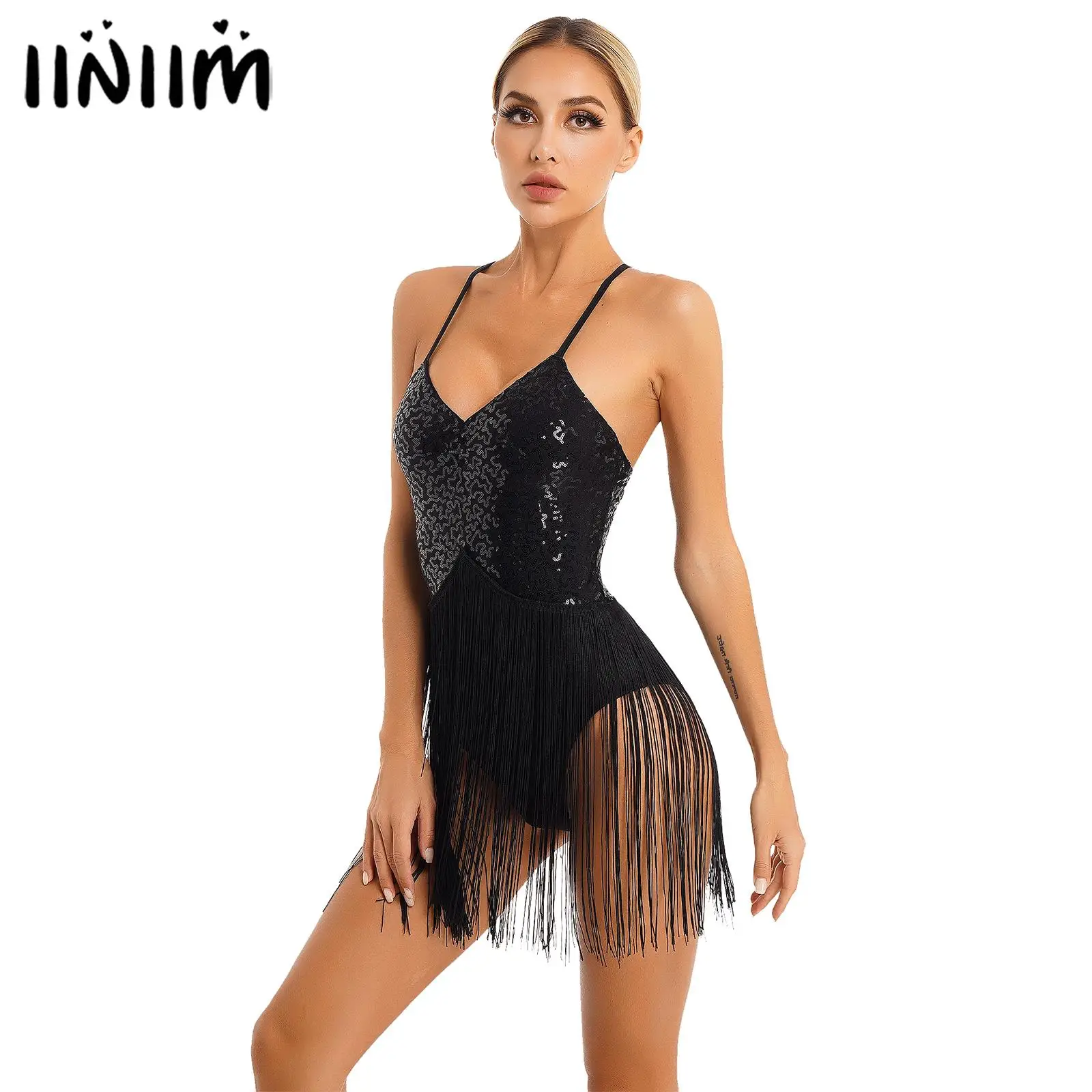 Womens Glitter Sequins Fringed Bodysuit V Neck Adjustable Straps Tassel Leotard Dance Performance Costume