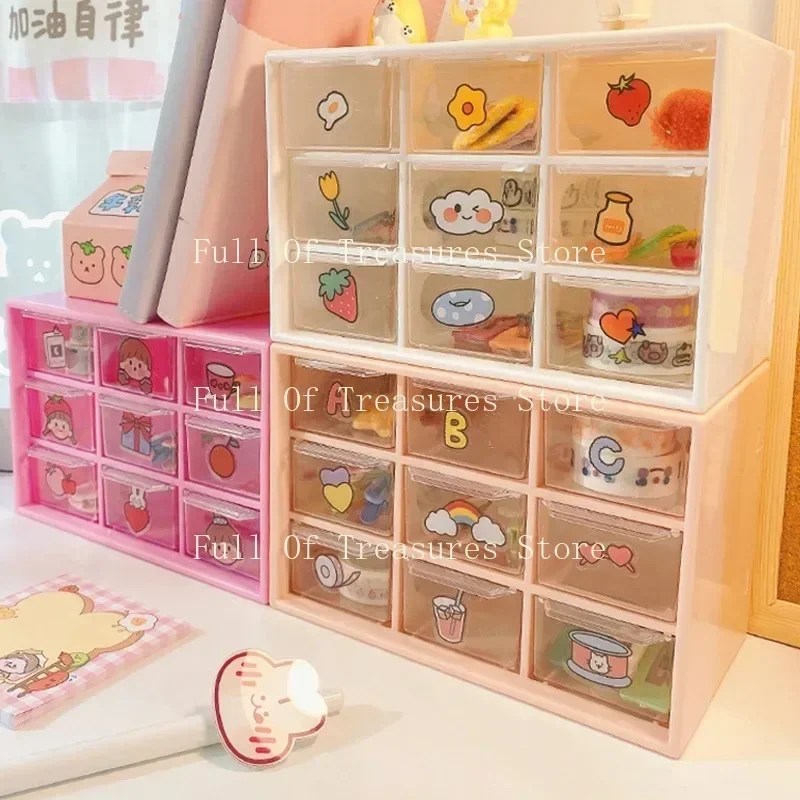 Desktop 9 Grid Storage Boxes Organizer Transparent Small Drawer Partitioned Student Desk Wall-mounted Sundries Storage Box Cute