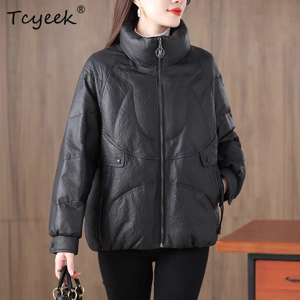 Tcyeek シープスキン 秋冬 ホワイトダックダウン ラージ スタンドアップカラー ブラック ショート レディース 本革ジャケット Jaqueta Couro