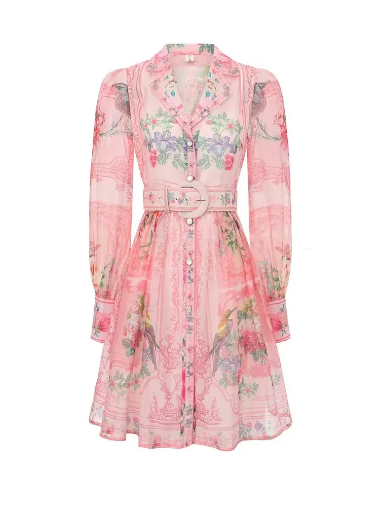 Rosa Blumen-Hemdkleid für Damen, langärmelig, mit Revers und Gürtel, Minikleid, elegant, für Frühling und Sommer, Party, Büro, Damen-Kombi-Outfit