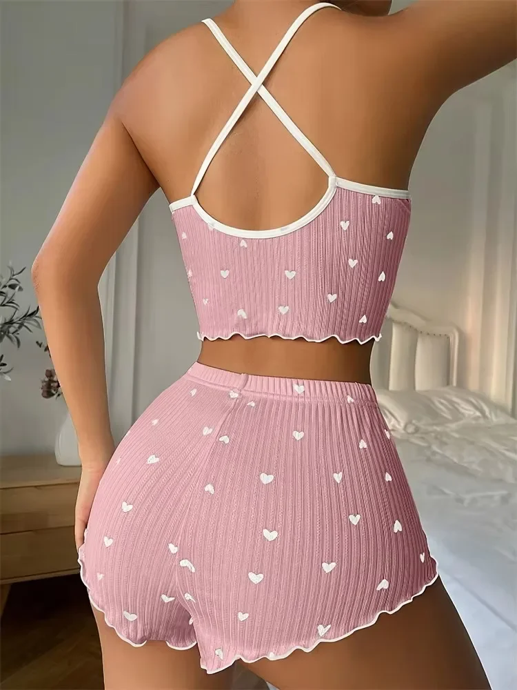 Heart Print Ribbed Frill Trim Pajama Set Cute Bow Notched Neck Cross Strappy Backless Crop Top & Elastic Shorts Valentines Gift