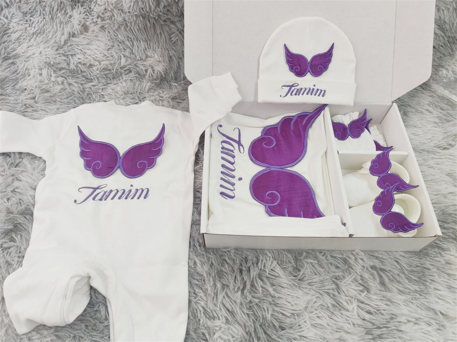 Radiant Luxury Purple Wing Embroidery Baby 5Pcs Footed Romper Matching Accessories Newborn Commemorative Set