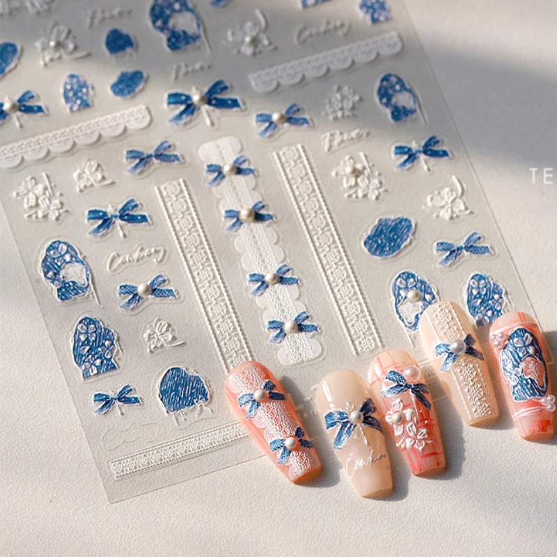 꽃 Bowknot 나비 레즈비언 레이스 Rockery 자갈 데님 색상 5D 양각 구호 접착제 네일 아트 스티커 매니큐어 데칼