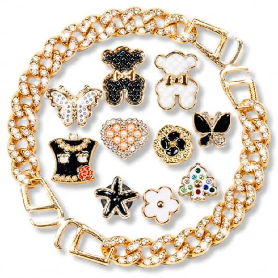

12PCS Bling Shoe Charms Accessories for Clog Sandals, Butterfly Bear Flower Heart Decorative Charms Set with Chain Style Pieces