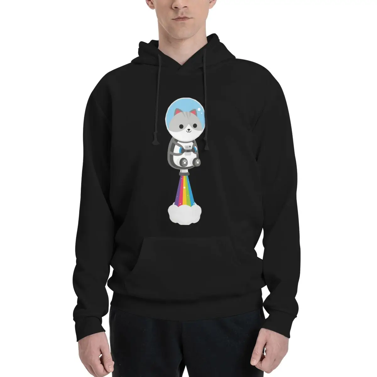 

Funny Cat Flying Through Space With Rainbow Polyester Hoodie Men's Sweatershirt Warm Dif Colors Sizes