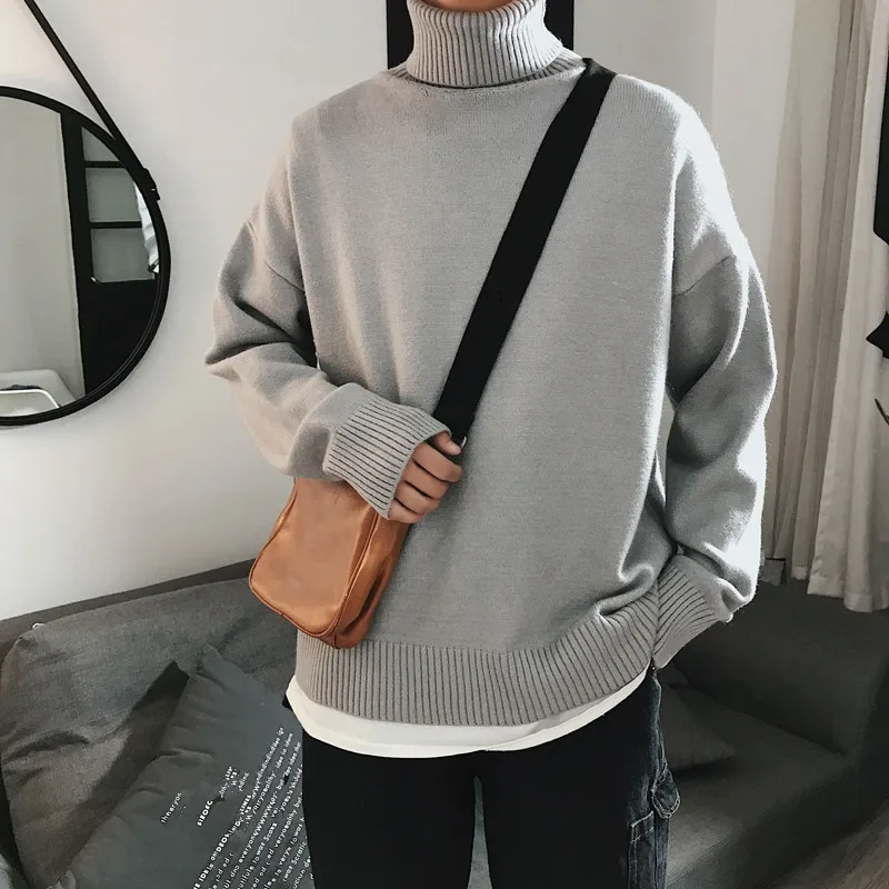 

Men Turtleneck Sweater Korean Fashion Pullovers Men Knitted Sweater Solid Knit Pullover Casual Streetwear Loose Unisex Sweater