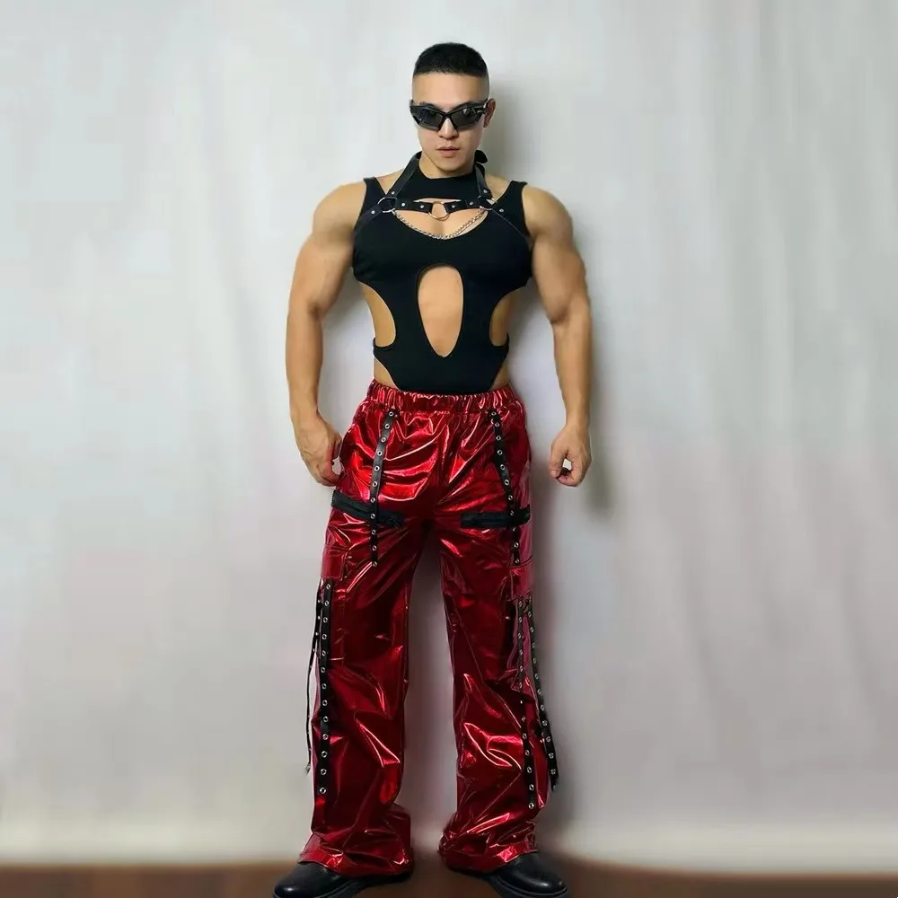 

Men's Red Wide Leg Pants Hip Hop Performance Costume Leather Jazz Dance Set Gogo Dancers Singers Nightclub Rave Stage Wear
