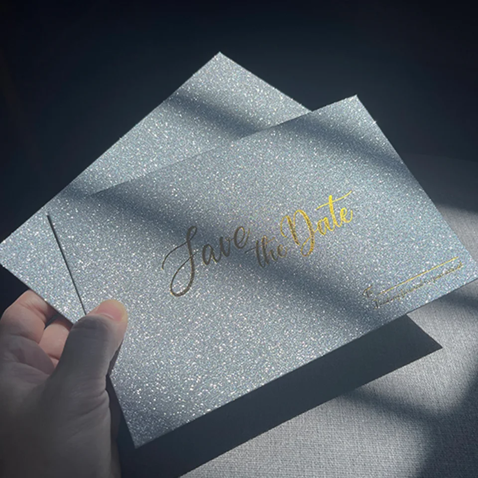 Luxury Champagne Custom LOGO Glitter Pocket Fold Envelope for Wedding Invitation Shiny Gift Packing Gold Foil Printing