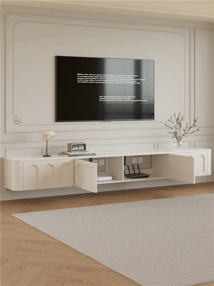 Solid wood suspended rock panel TV cabinet Modern simple white suspended living room Household bedroom Cream wind TV cabinet
