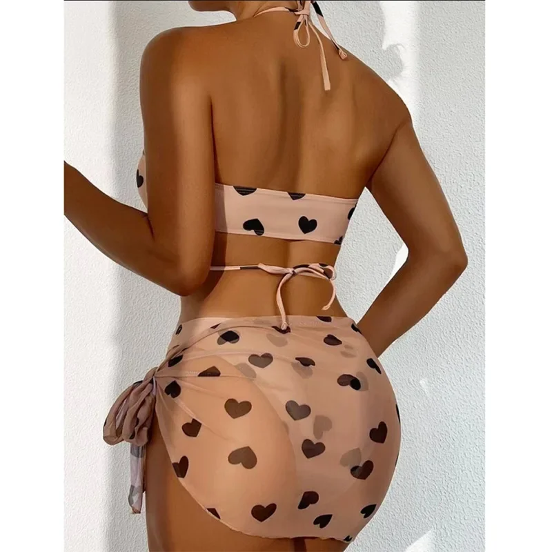 Kobiety 3pack Heart Print Bikini Sets With Skirt Bandeau Swimsuit Thong Swimwear Beach Cover-Up Push Up Biquinis 2024 Strój kąpielowy