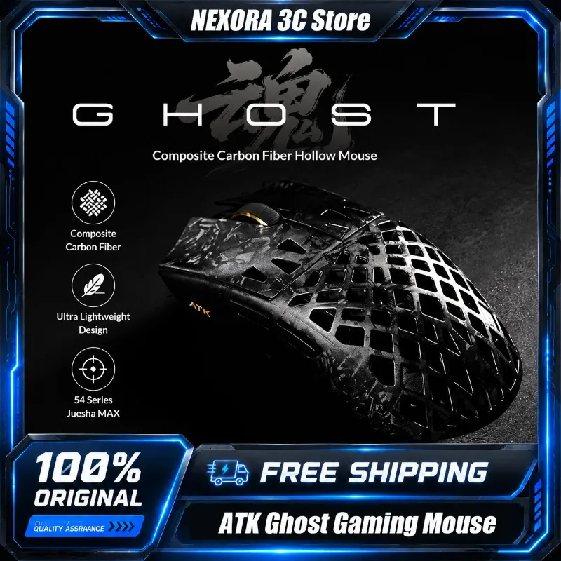 Mouse Gamer Sem Fio ATK Blazing Sky GHOST em Fibra de Carbono, Mouse Leve com Design Honeycomb PAW3950, Tri-mode para Jogadores FPS